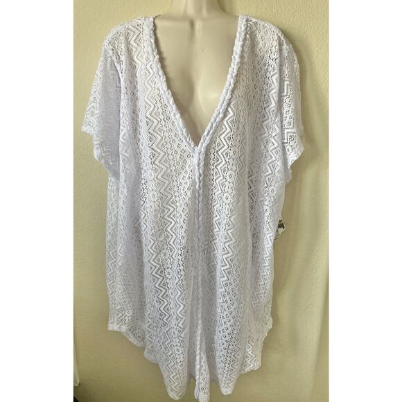 Time and Tru Women White V-Neck Wavy Crochet Drop Short Sleeve Cover Up Size L - Picture 6 of 13